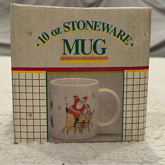 Vintage 10oz Christmas Stoneware Mug with Original Box Santa and Reindeer NOS - Picture 2 of 9